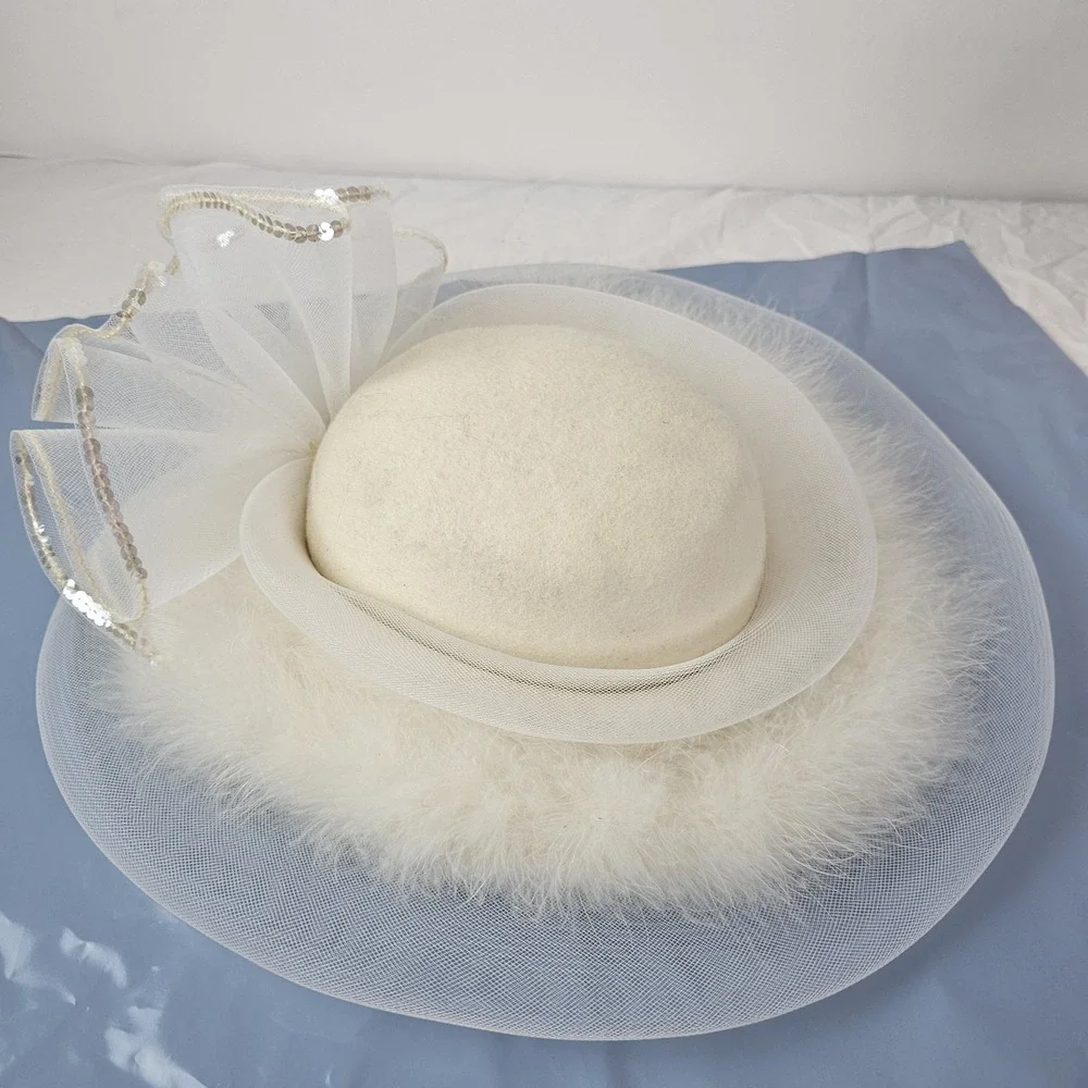 Womens Church Hat Vintage Ivory Fluffy Feathers Tulle Bow Easter Kentucky Derby